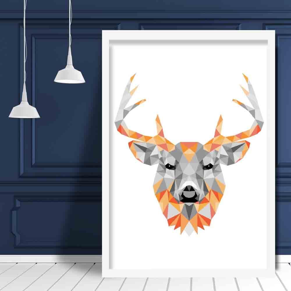 Geometric Poly Orange and Grey Stag Head Poster