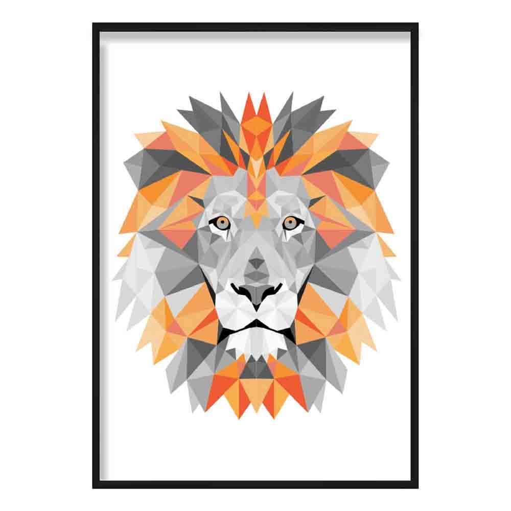 Geometric Poly Orange and Grey Lion Head Poster