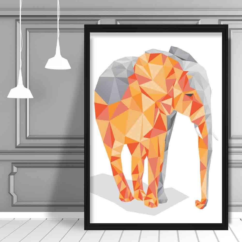 Geometric Poly Orange and Grey Elephant Poster
