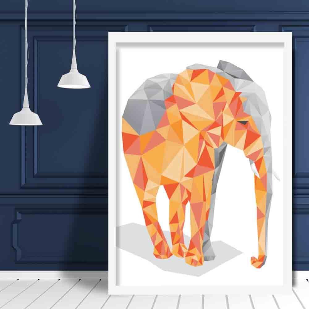 Geometric Poly Orange and Grey Elephant Poster