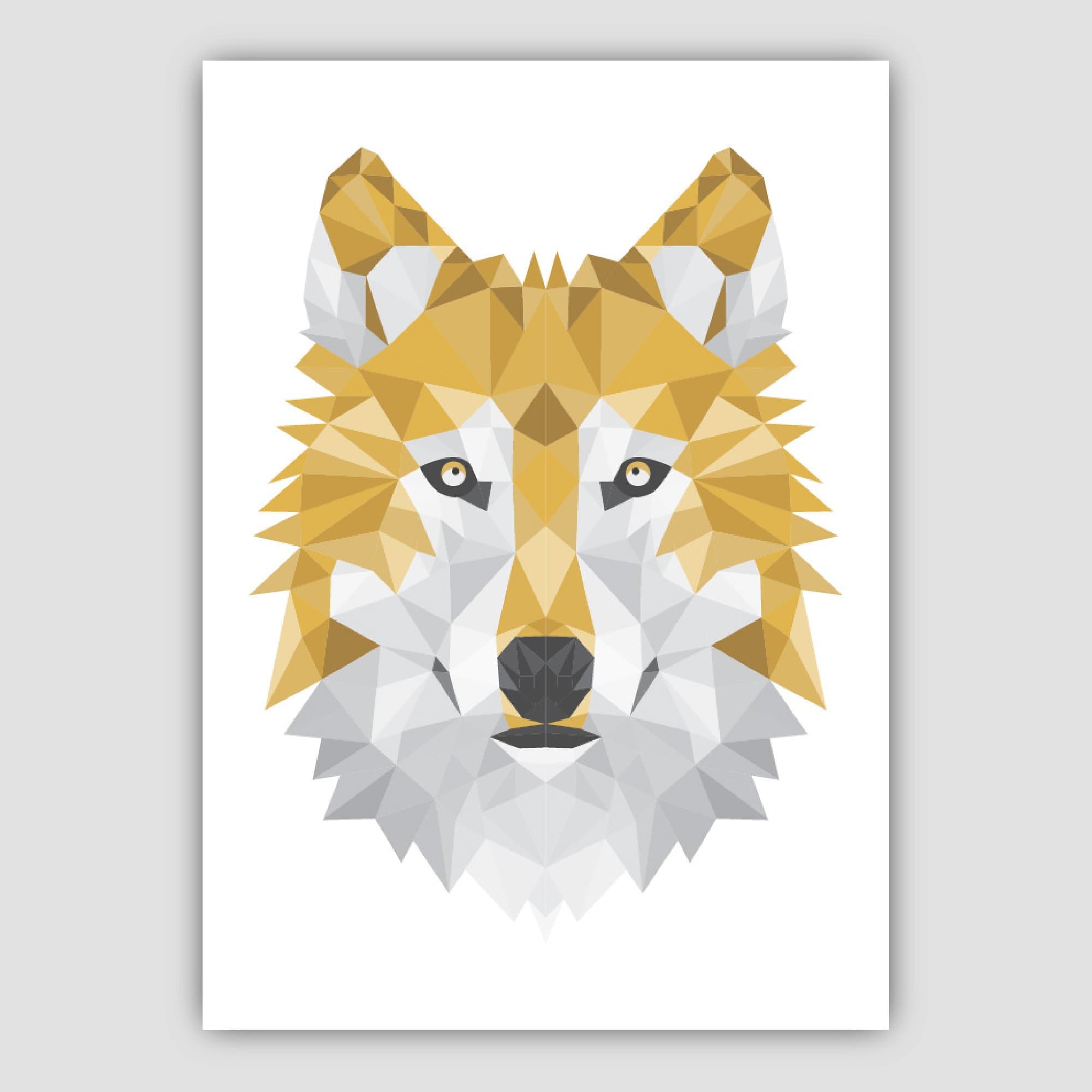GEOMETRIC Set of 3 Yellow & Grey Art Prints Animal Heads Wolf Stag Lion