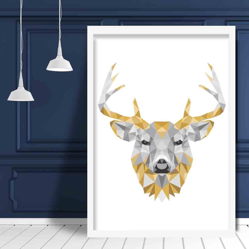 Geometric Poly Yellow and Grey Stag Head Poster