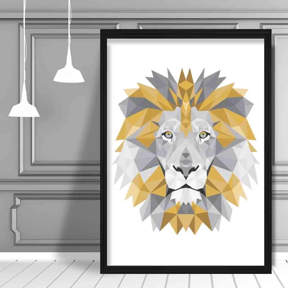 Geometric Poly Yellow and Grey Lion Head Poster