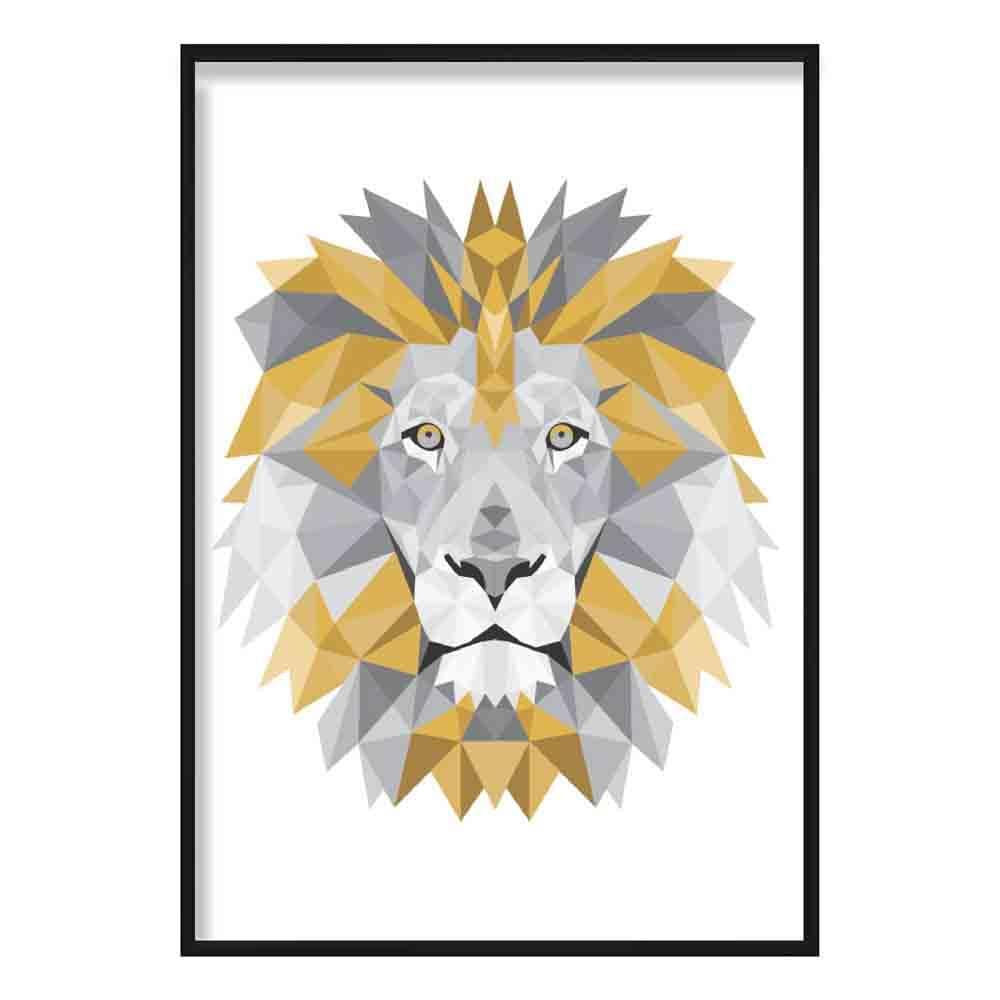 Geometric Poly Yellow and Grey Lion Head Poster