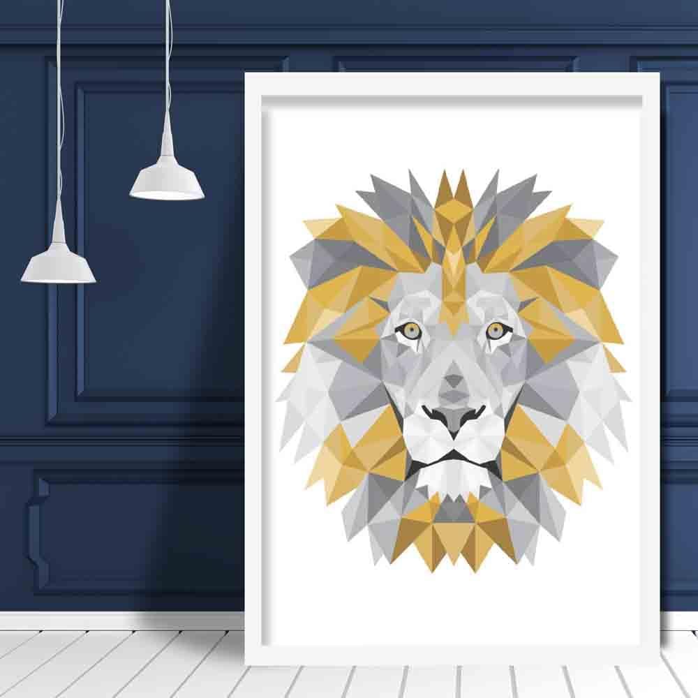 Geometric Poly Yellow and Grey Lion Head Poster