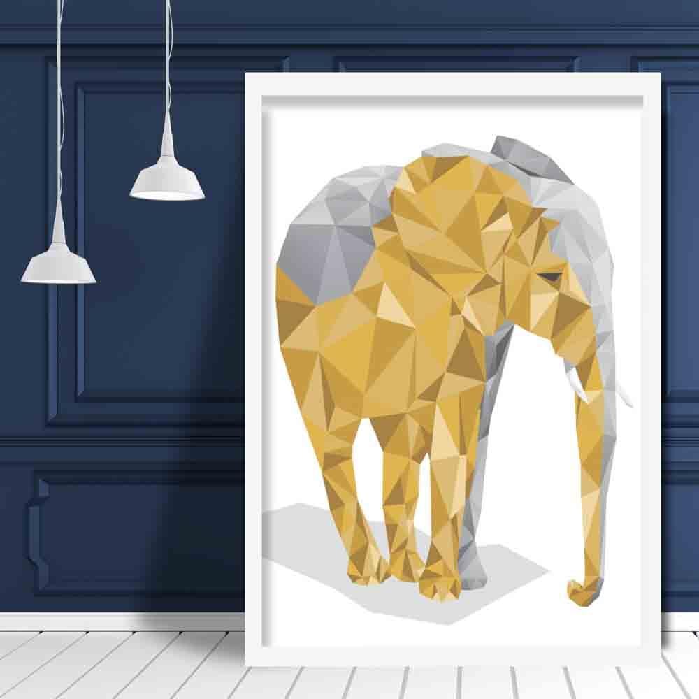 Geometric Poly Yellow and Grey Elephant Poster