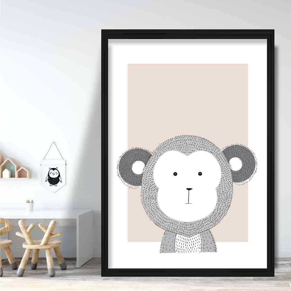 Monkey Sketch Style Nursery Beige Poster
