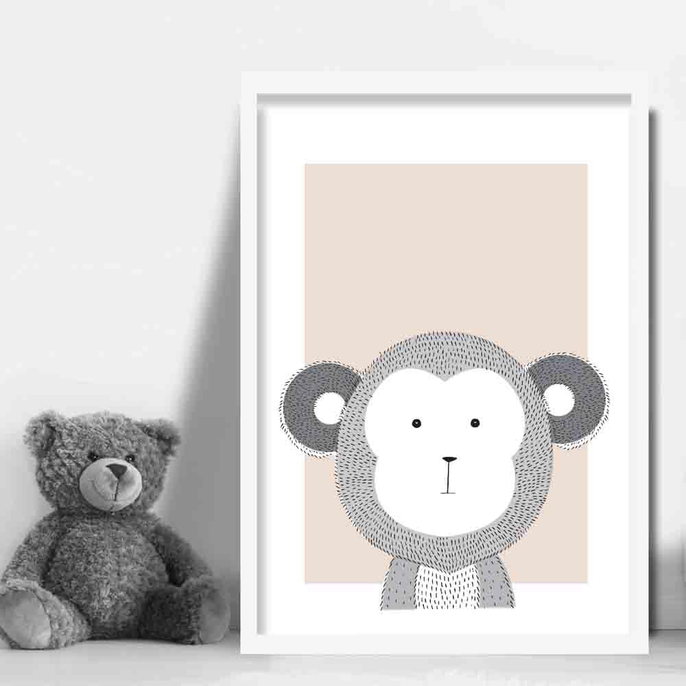 Monkey Sketch Style Nursery Beige Poster