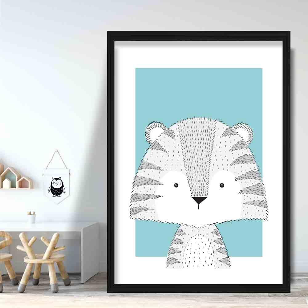 Tiger Sketch Style Nursery Duck Egg Blue Poster
