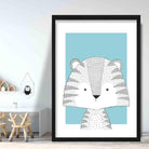Tiger Sketch Style Nursery Duck Egg Blue Poster