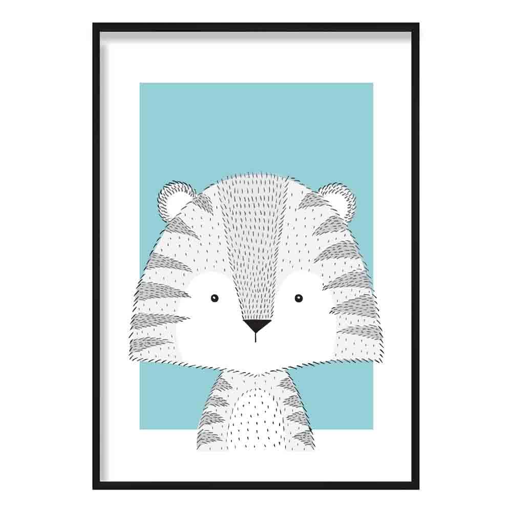 Tiger Sketch Style Nursery Duck Egg Blue Poster