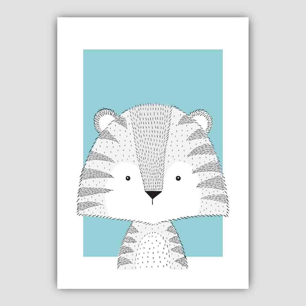 Tiger Sketch Style Nursery Duck Egg Blue Poster