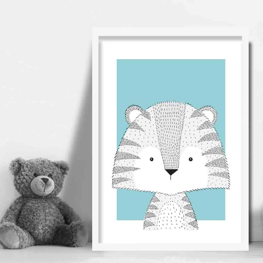 Tiger Sketch Style Nursery Duck Egg Blue Poster