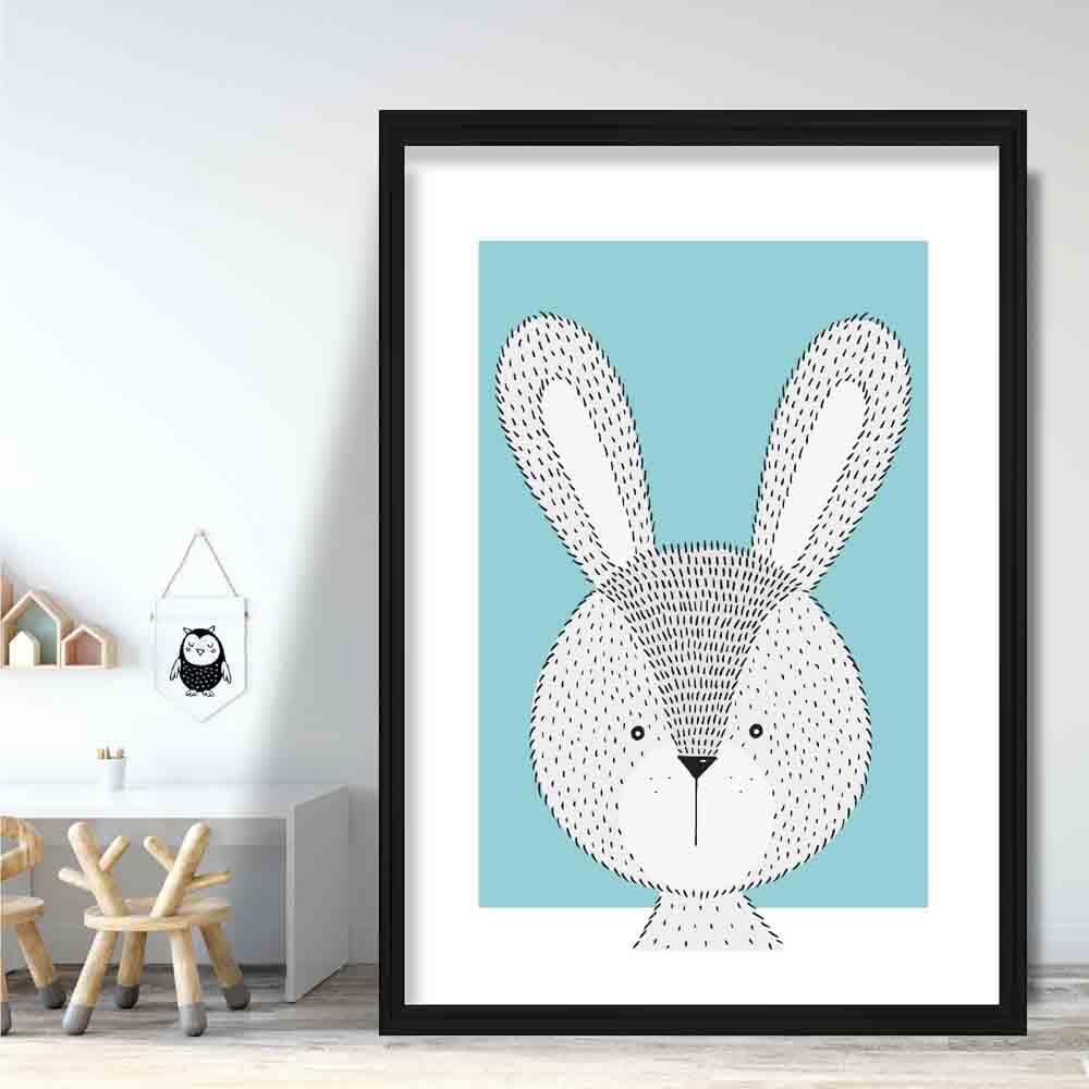 Rabbit Sketch Style Nursery Duck Egg Blue Poster