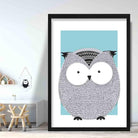 Owl Sketch Style Nursery Duck Egg Blue Poster