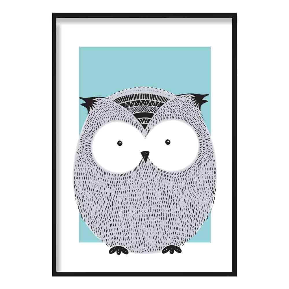 Owl Sketch Style Nursery Duck Egg Blue Poster