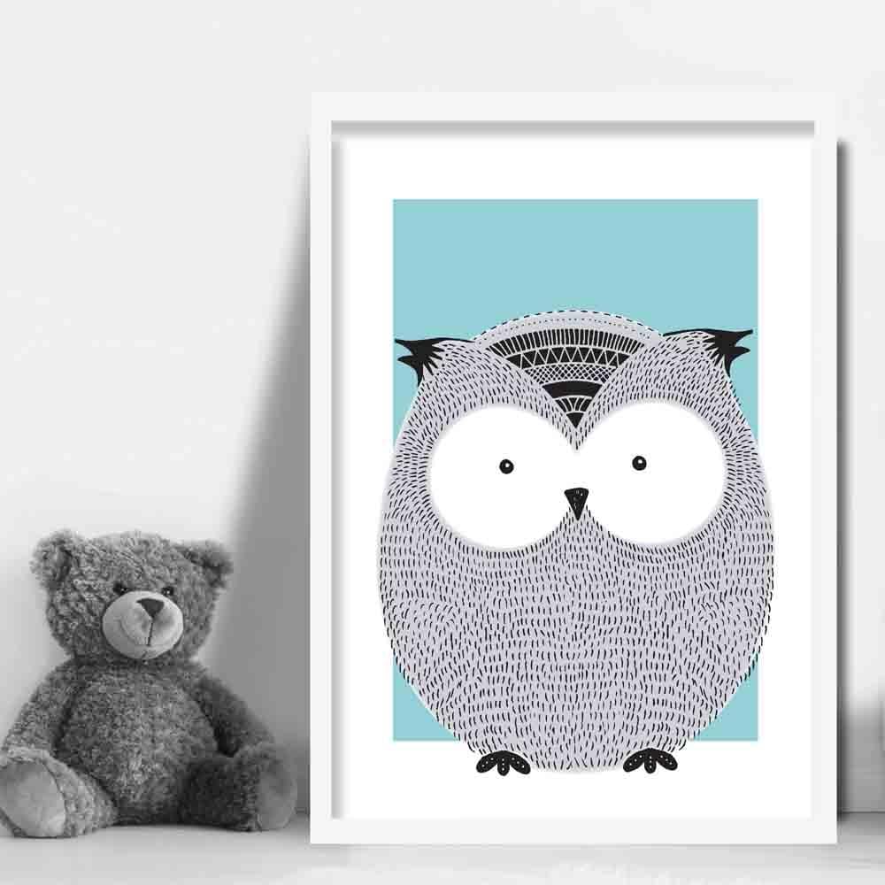 Owl Sketch Style Nursery Duck Egg Blue Poster