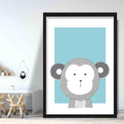 Monkey Sketch Style Nursery Duck Egg Blue Poster