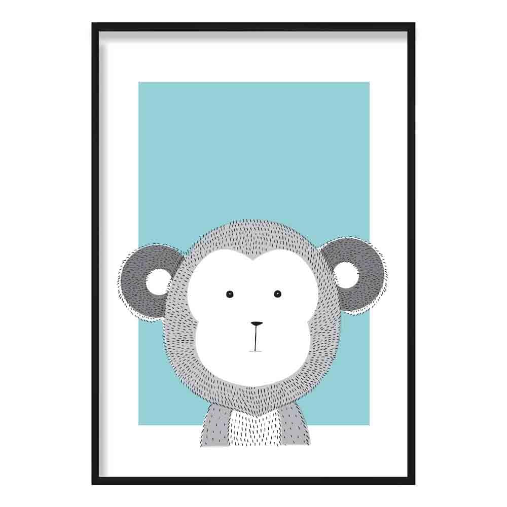 Monkey Sketch Style Nursery Duck Egg Blue Poster