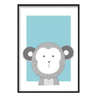 Monkey Sketch Style Nursery Duck Egg Blue Poster