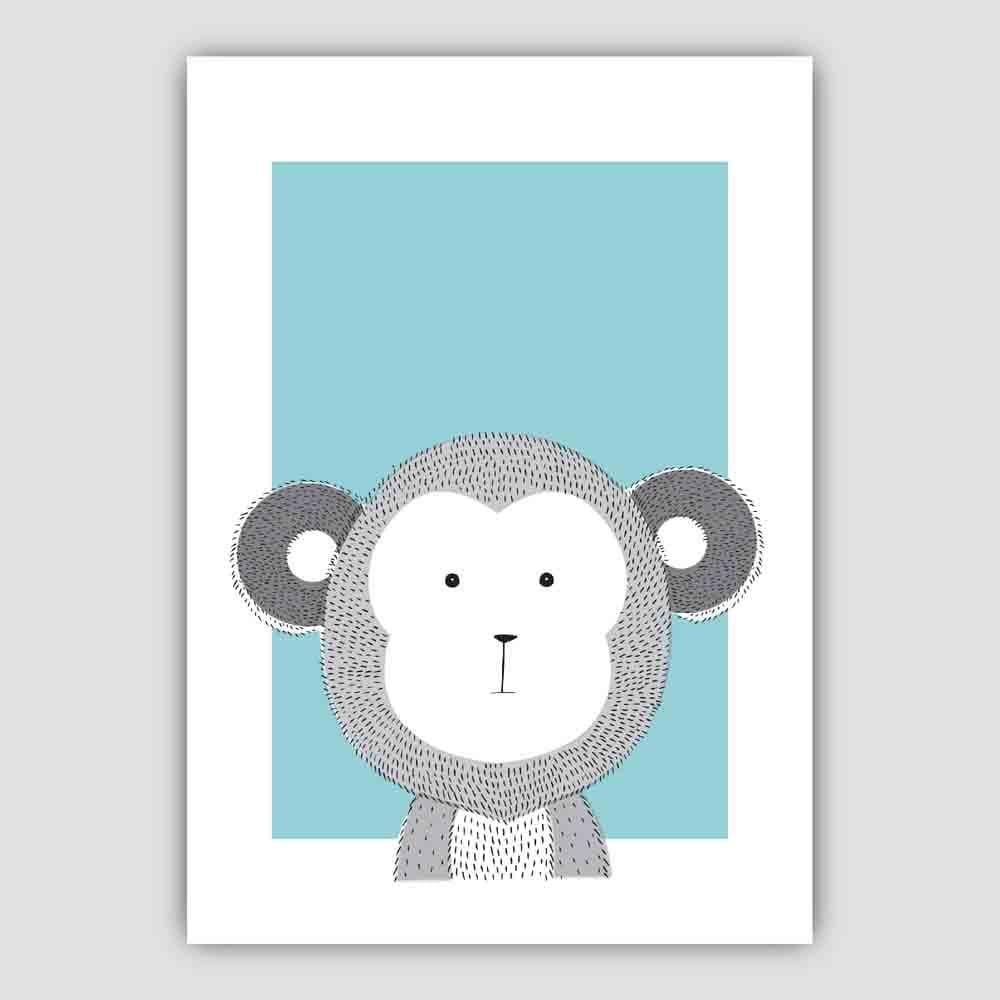 Monkey Sketch Style Nursery Duck Egg Blue Poster