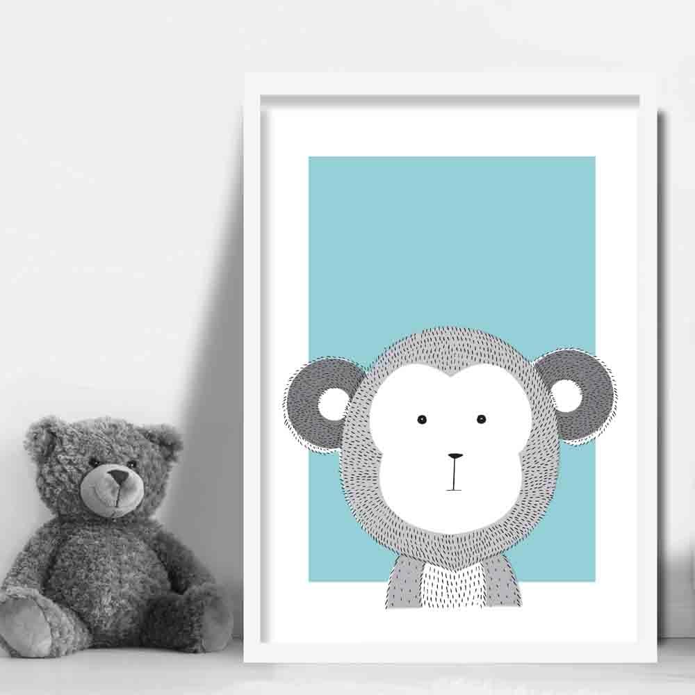 Monkey Sketch Style Nursery Duck Egg Blue Poster