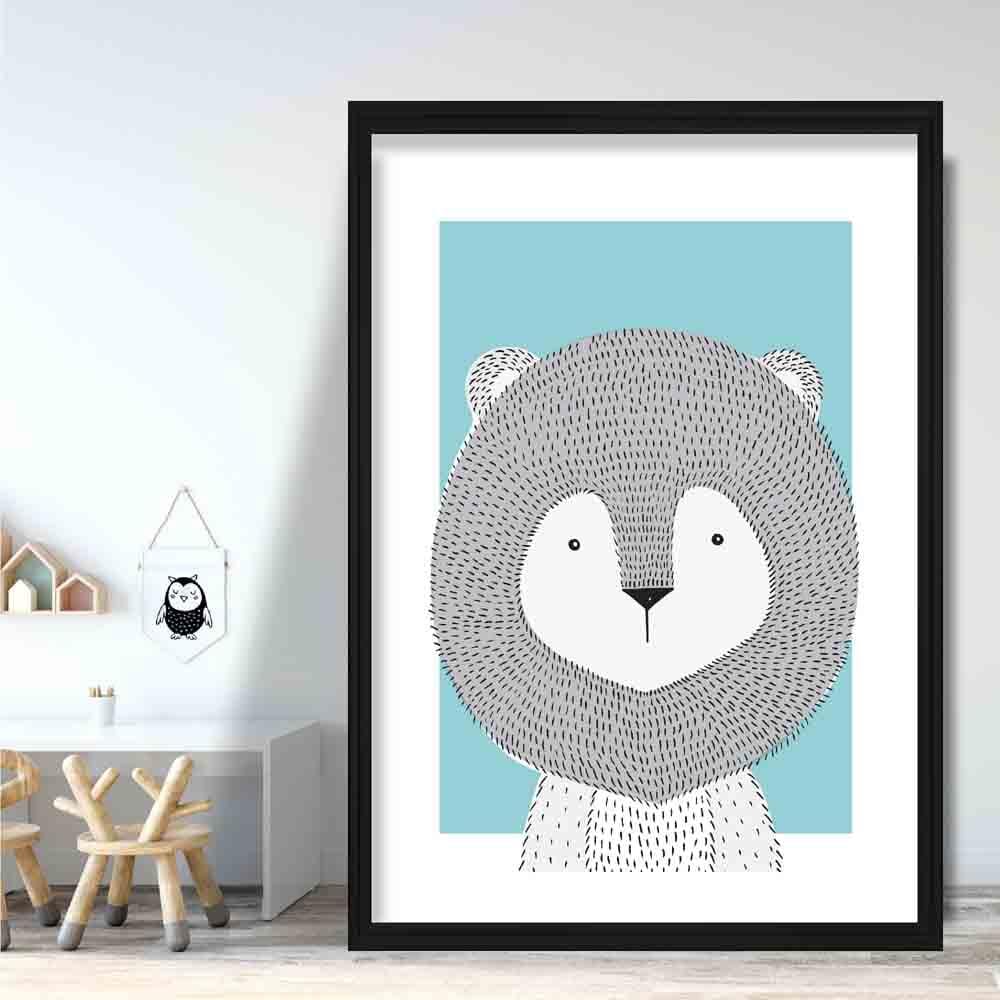Lion Sketch Style Nursery Duck Egg Blue Poster
