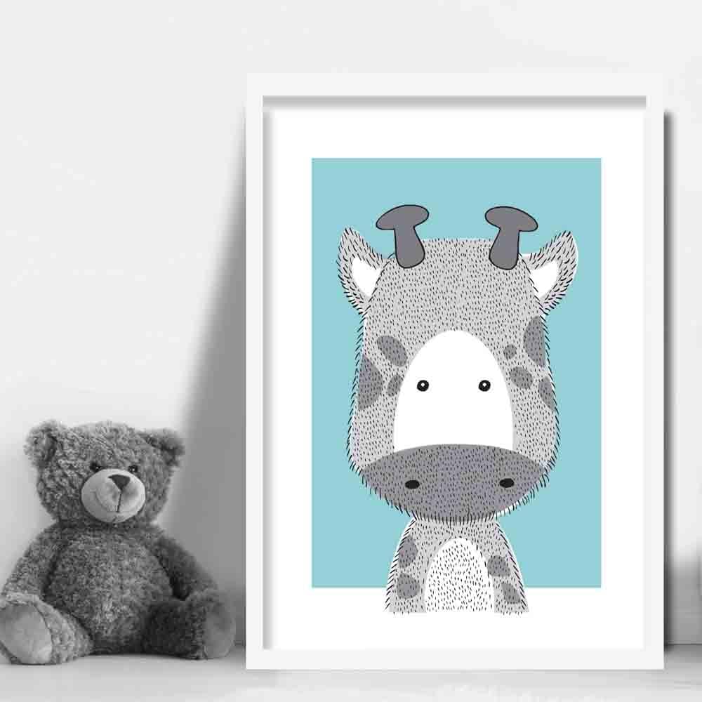 Giraffe Sketch Style Nursery Duck Egg Blue Poster