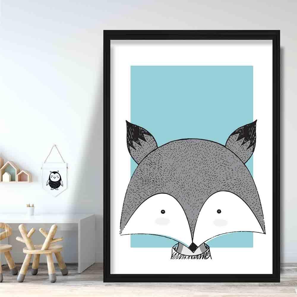 Fox Sketch Style Nursery Duck Egg Blue Poster