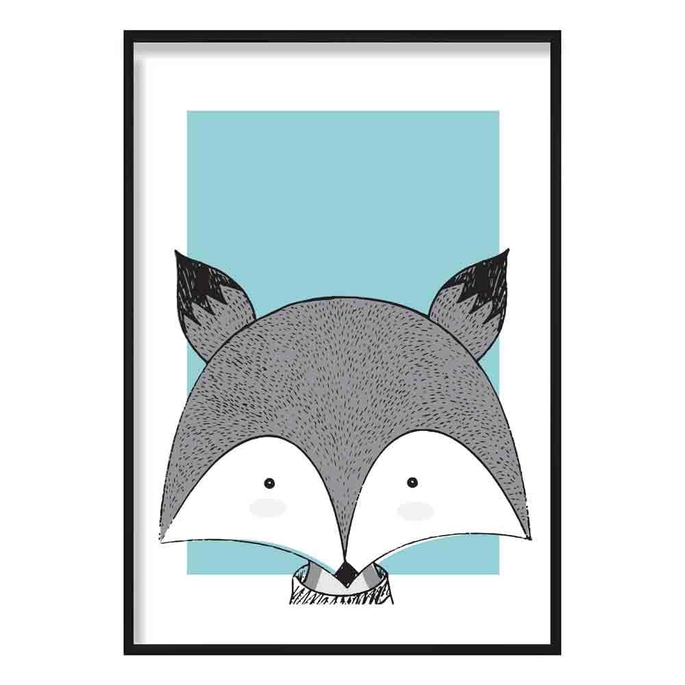 Fox Sketch Style Nursery Duck Egg Blue Poster
