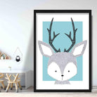 Deer Sketch Style Nursery Duck Egg Blue Poster