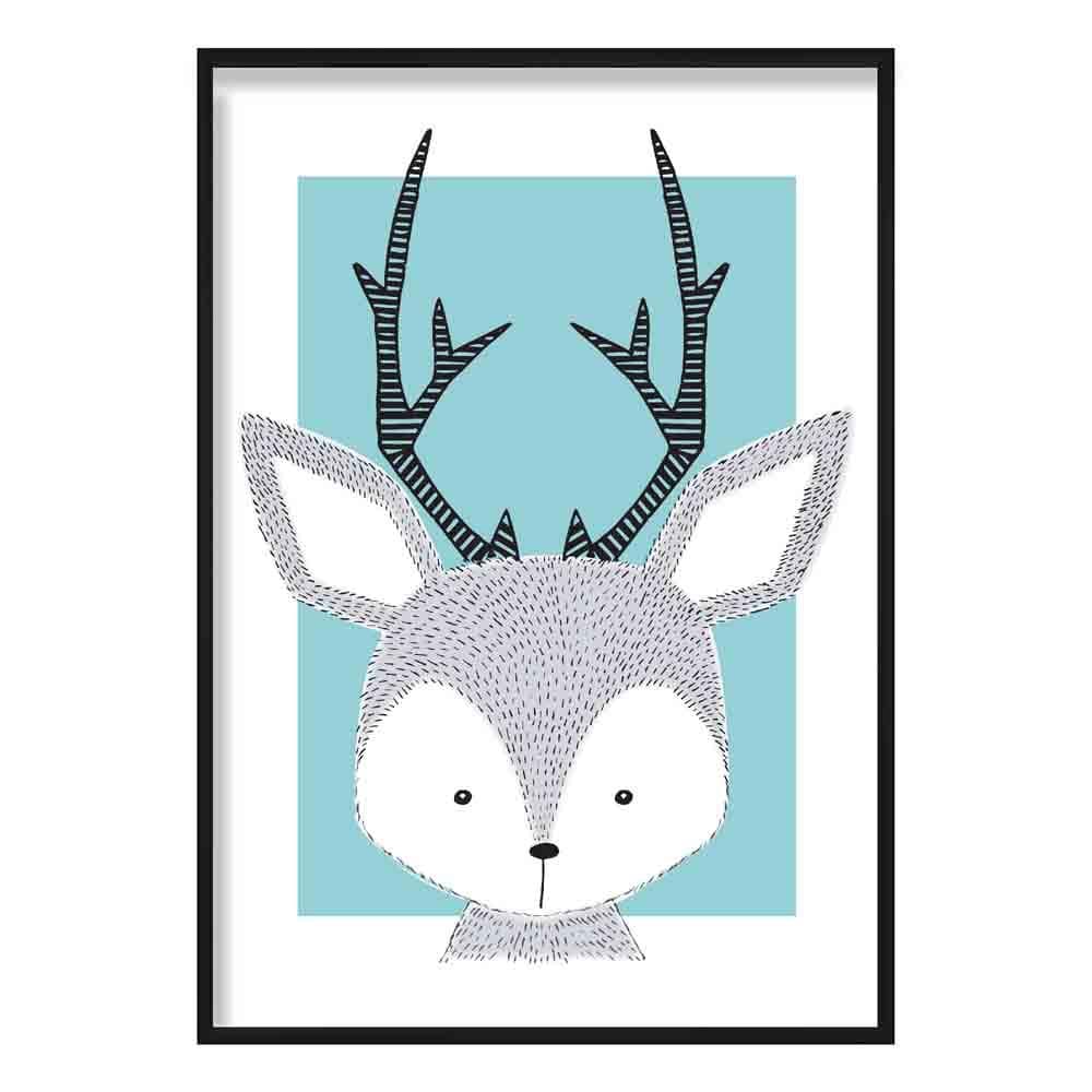 Deer Sketch Style Nursery Duck Egg Blue Poster