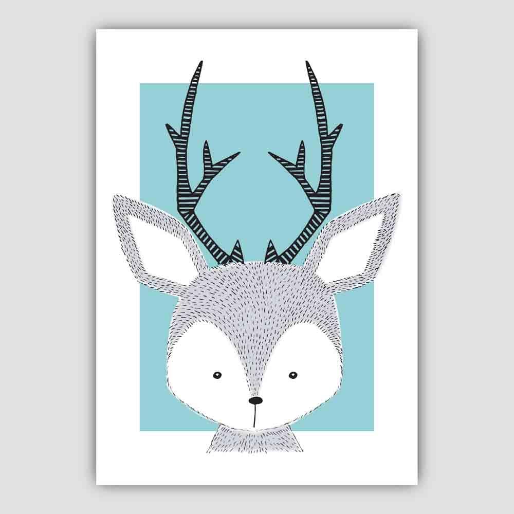 Deer Sketch Style Nursery Duck Egg Blue Poster