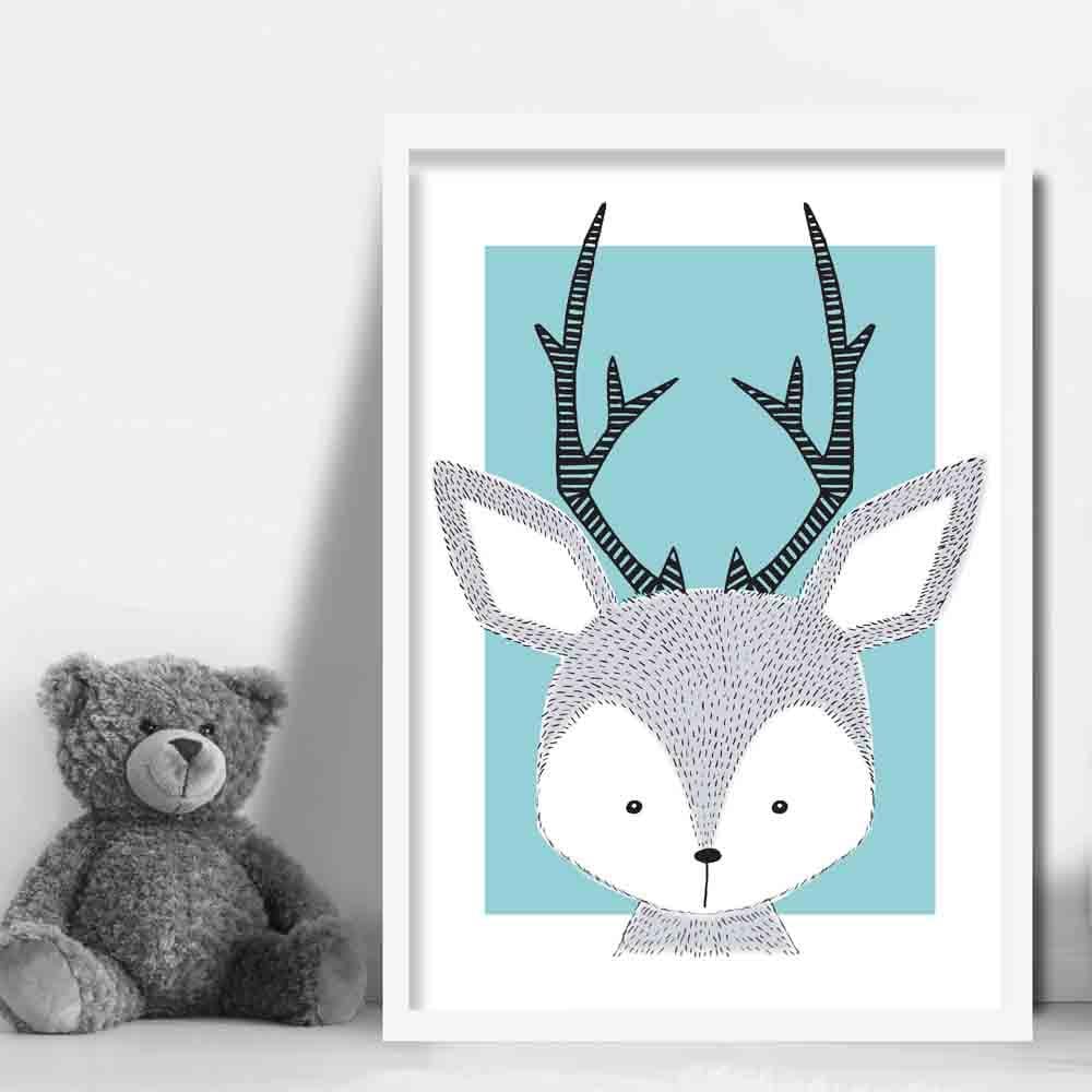Deer Sketch Style Nursery Duck Egg Blue Poster