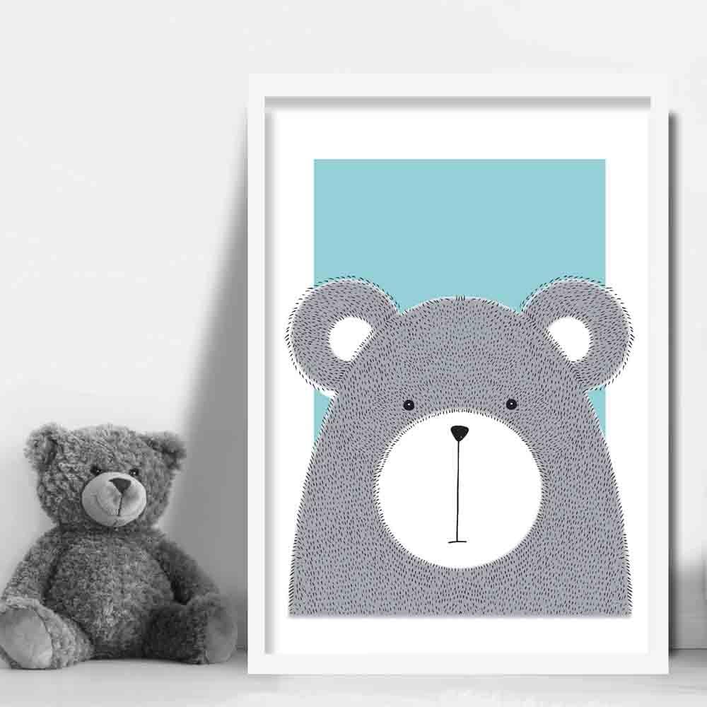 Bear Sketch Style Nursery Duck Egg Blue Poster
