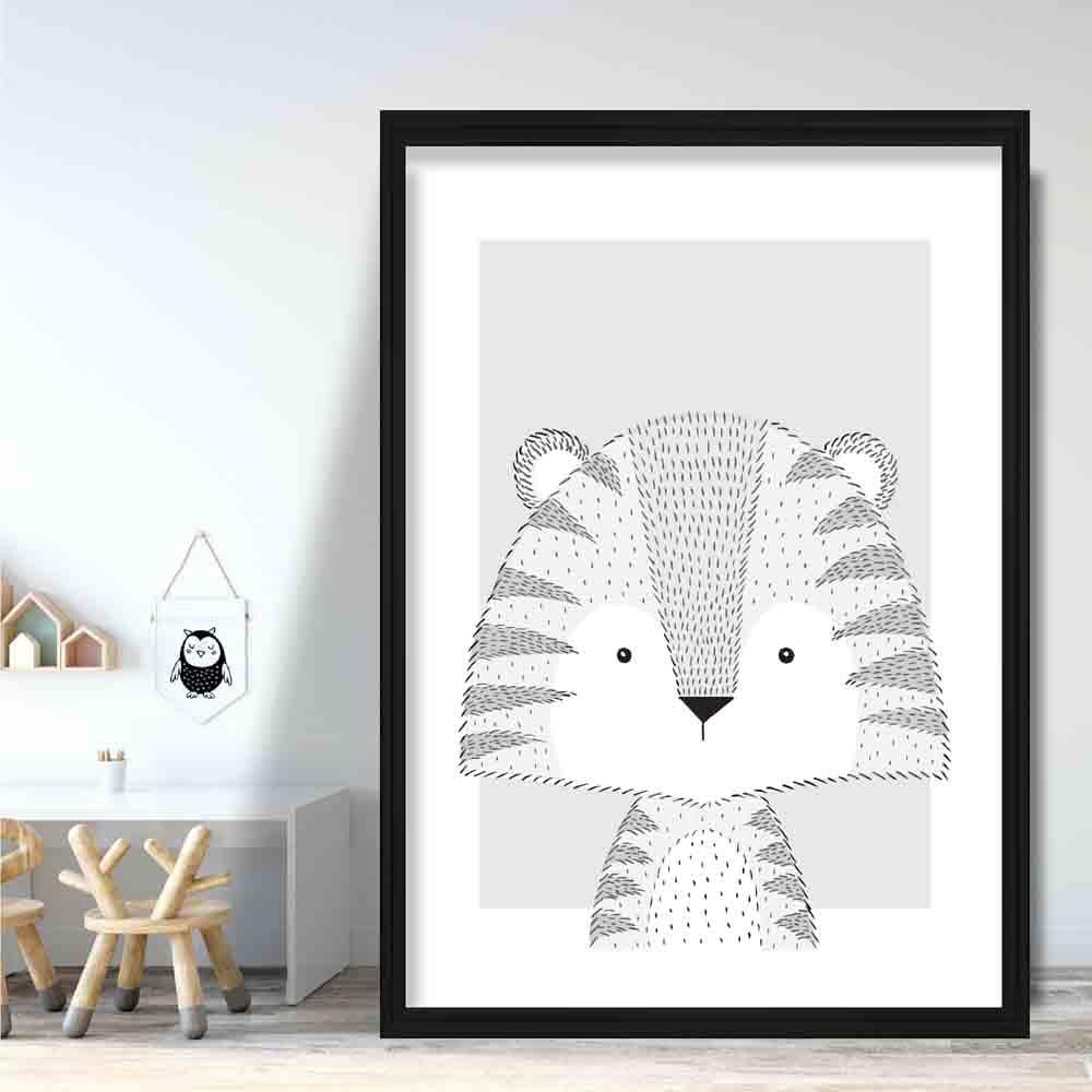 Tiger Sketch Style Nursery Grey Poster