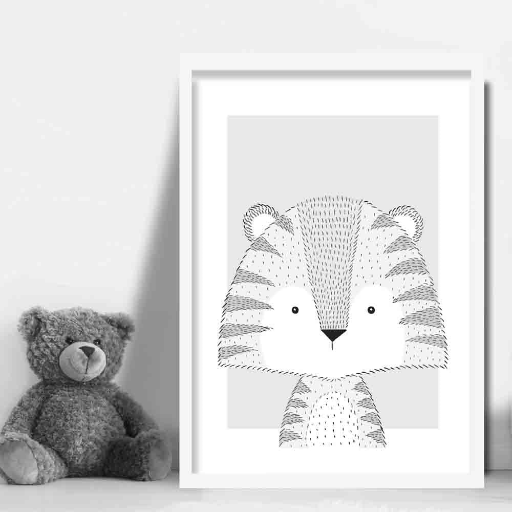 Tiger Sketch Style Nursery Grey Poster
