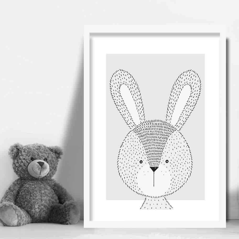 Rabbit Sketch Style Nursery Grey Poster