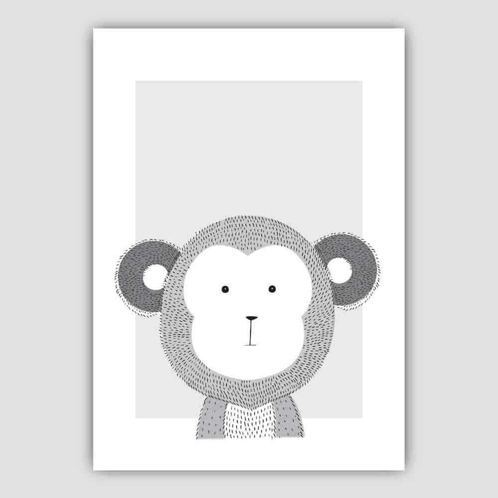 Monkey Sketch Style Nursery Grey Poster