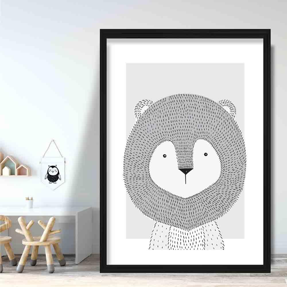 Lion Sketch Style Nursery Grey Poster