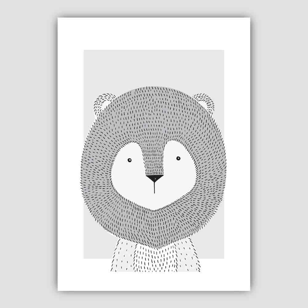 Lion Sketch Style Nursery Grey Poster