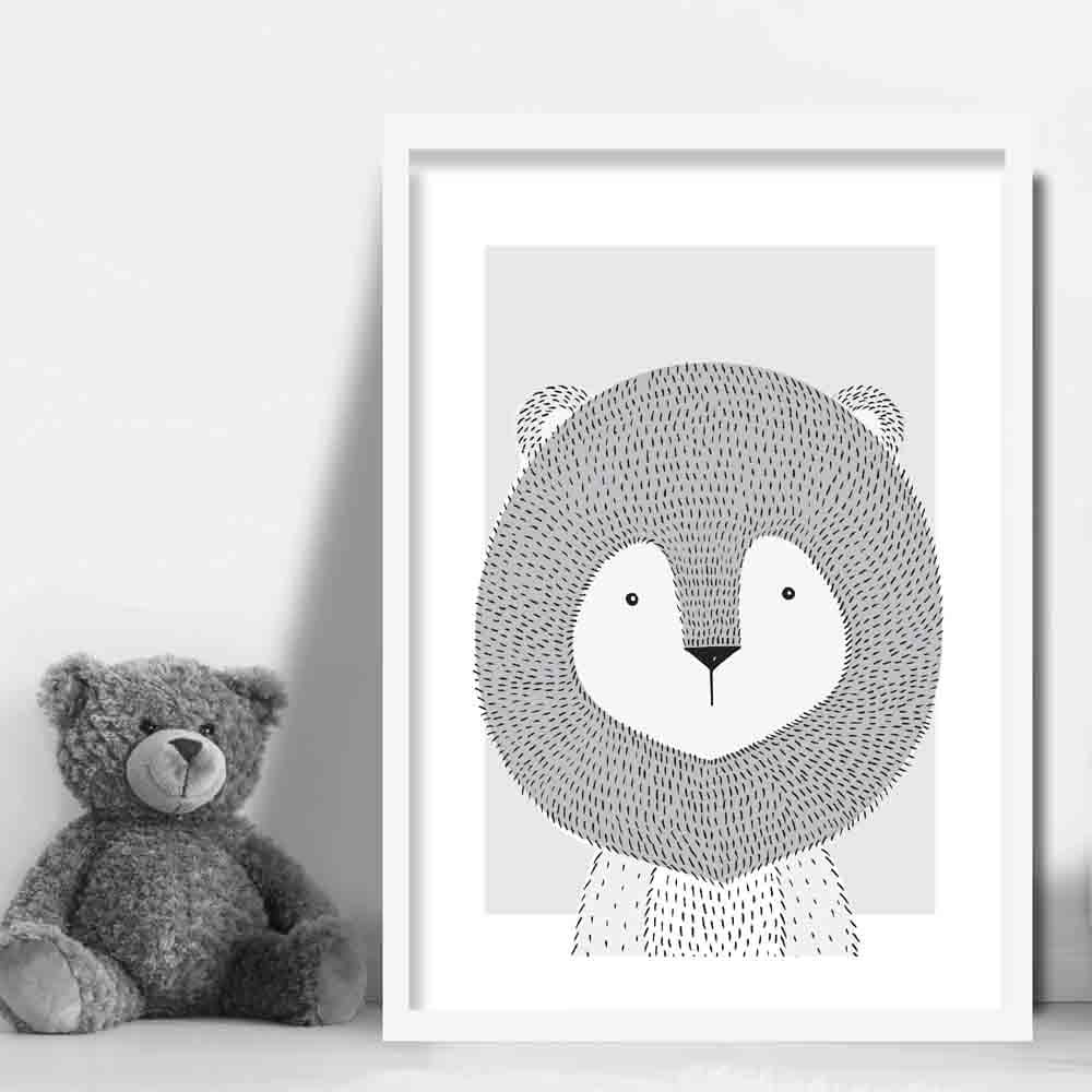 Lion Sketch Style Nursery Grey Poster