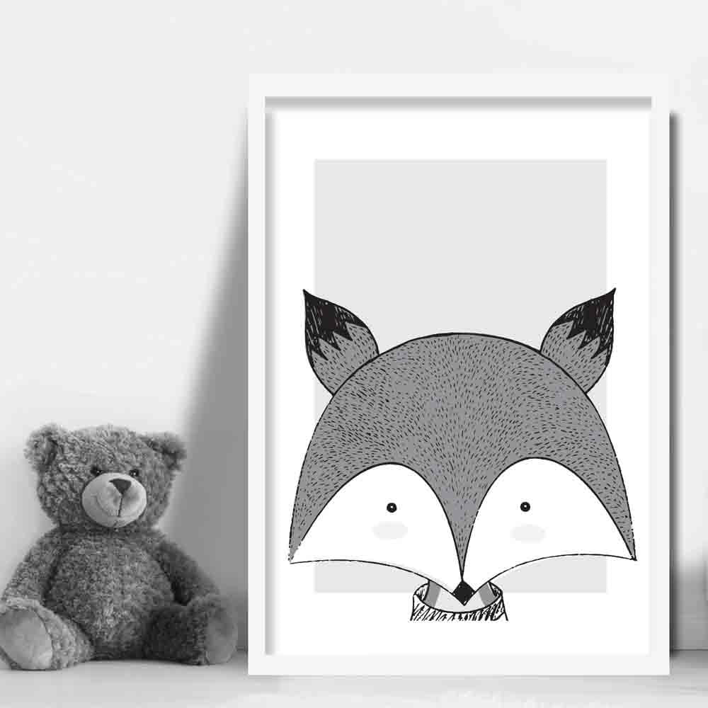 Fox Sketch Style Nursery Grey Poster