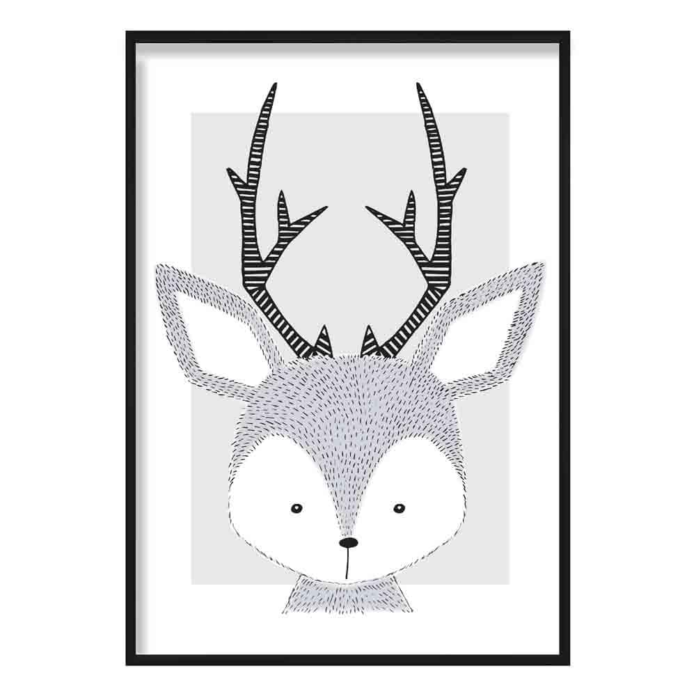 Deer Sketch Style Nursery Grey Poster