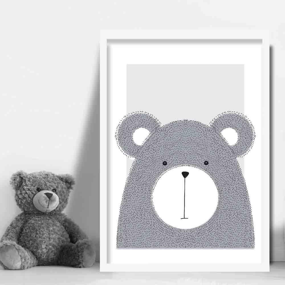 Bear Sketch Style Nursery Grey Poster