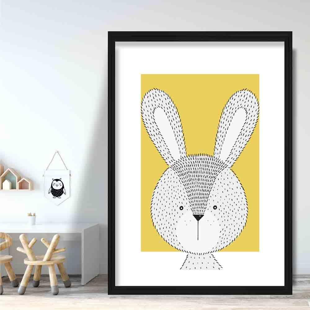 Rabbit Sketch Style Nursery Yellow Poster