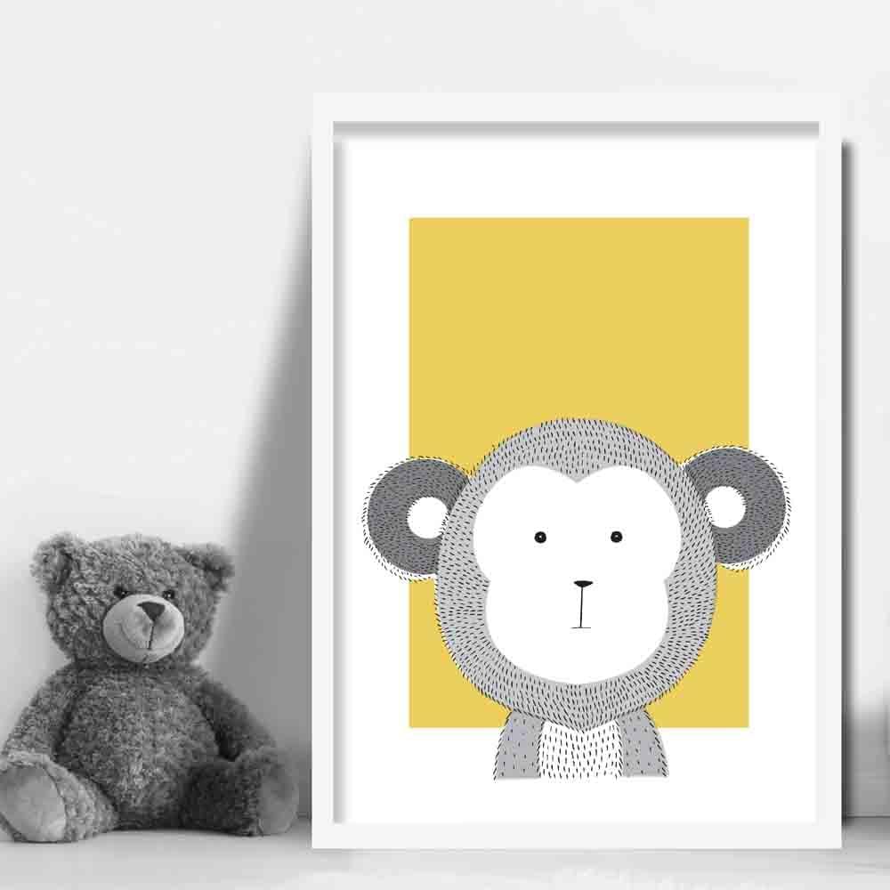 Monkey Sketch Style Nursery Yellow Poster