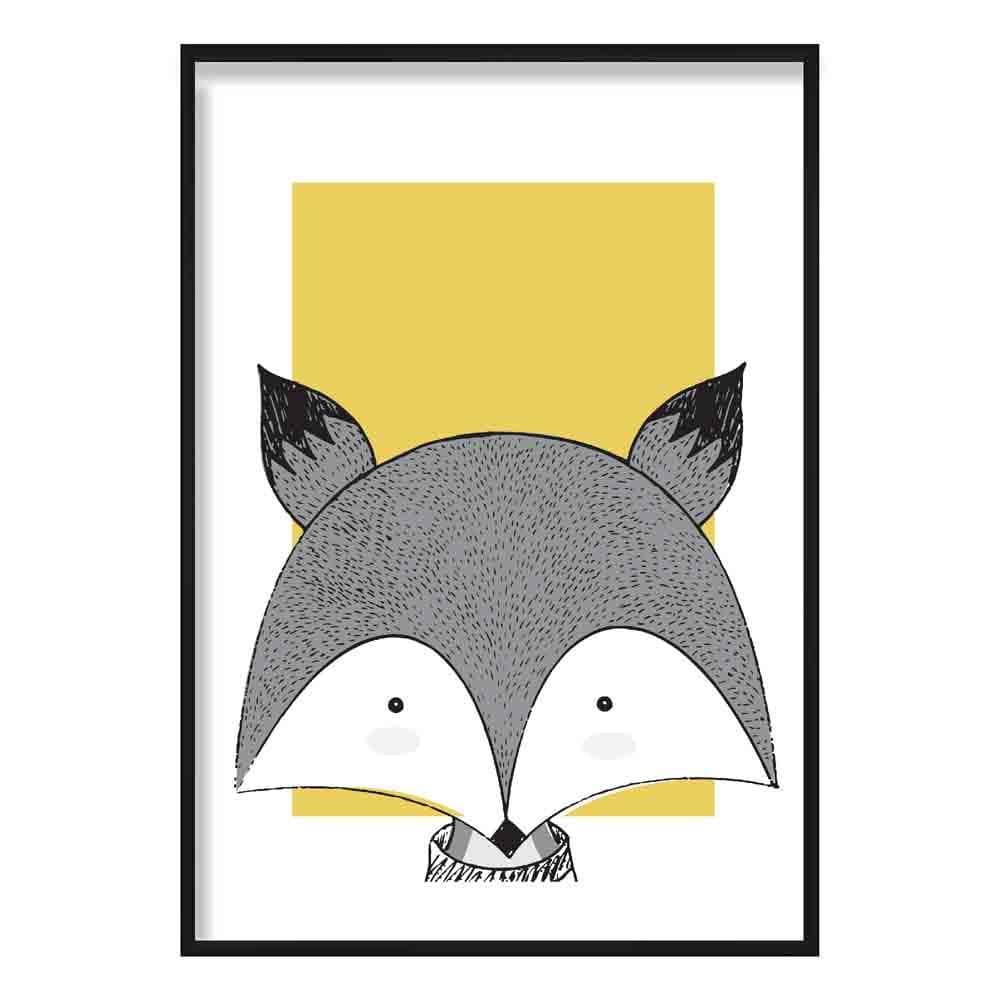 Fox Sketch Style Nursery Yellow Poster
