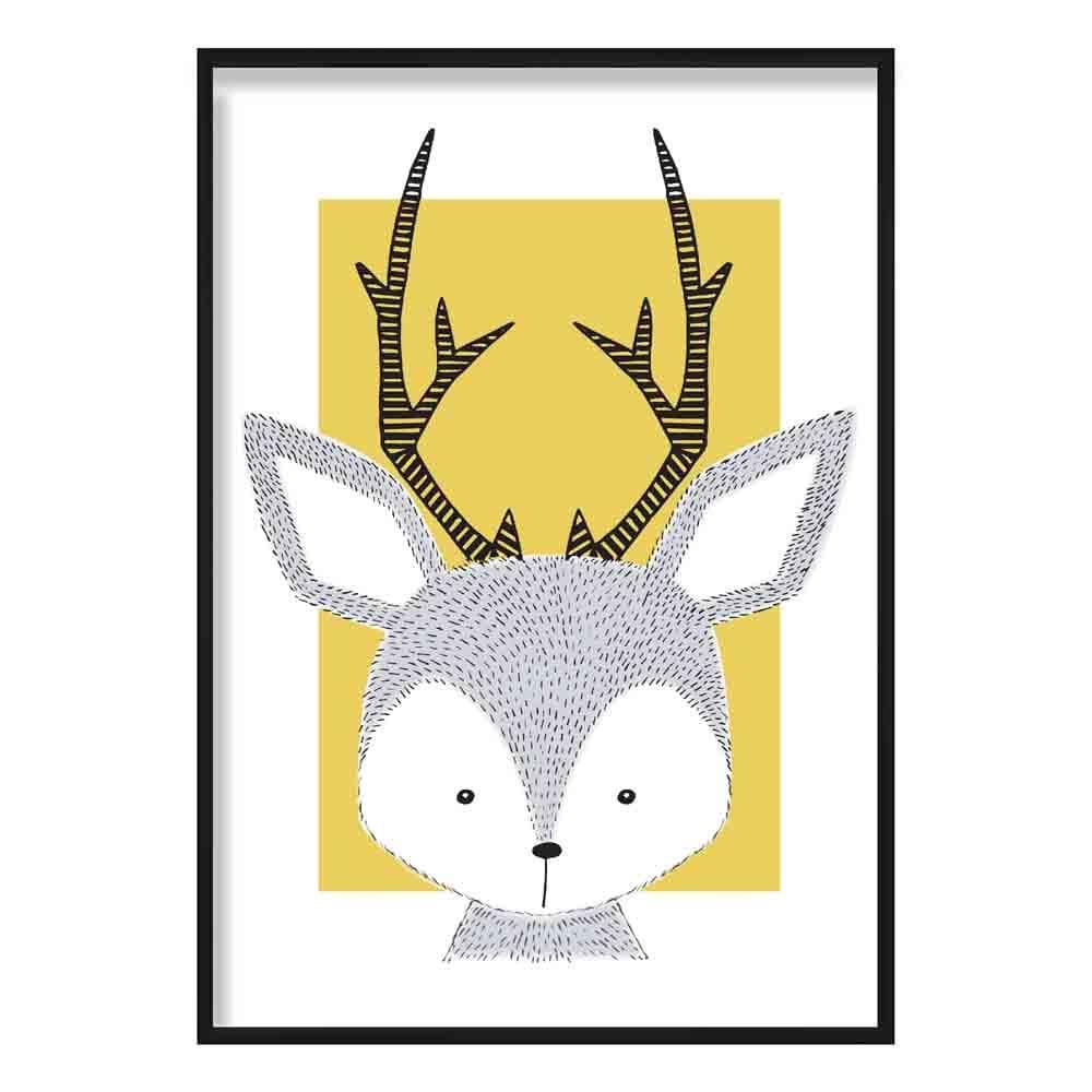 Deer Sketch Style Nursery Yellow Poster