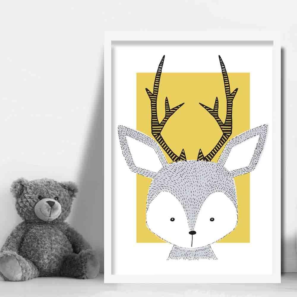 Deer Sketch Style Nursery Yellow Poster